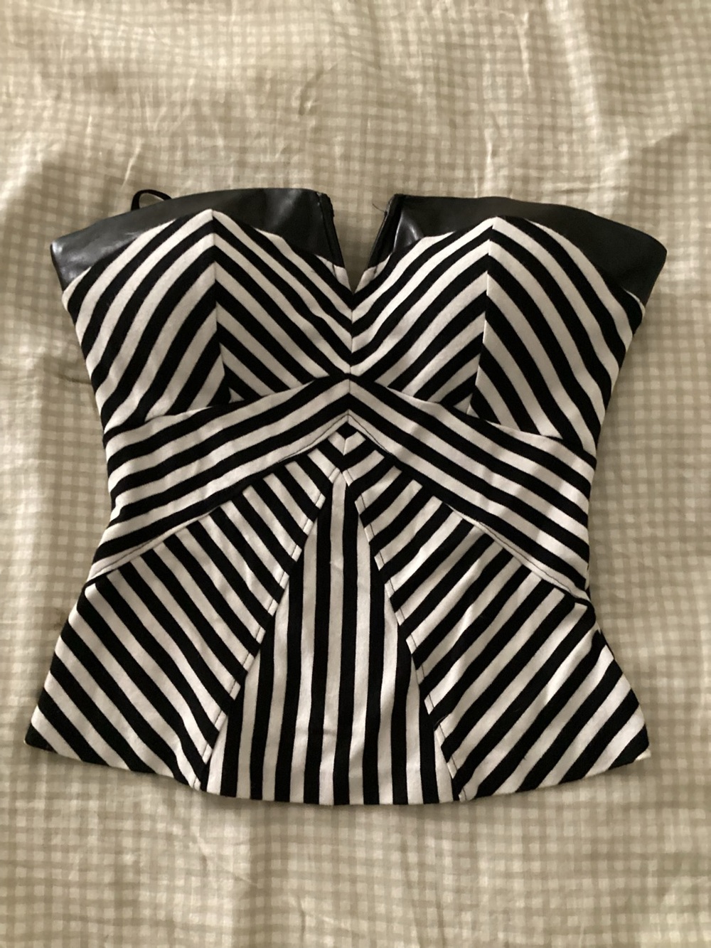 bebe Black & White Striped Strapless Peplum Camisole
